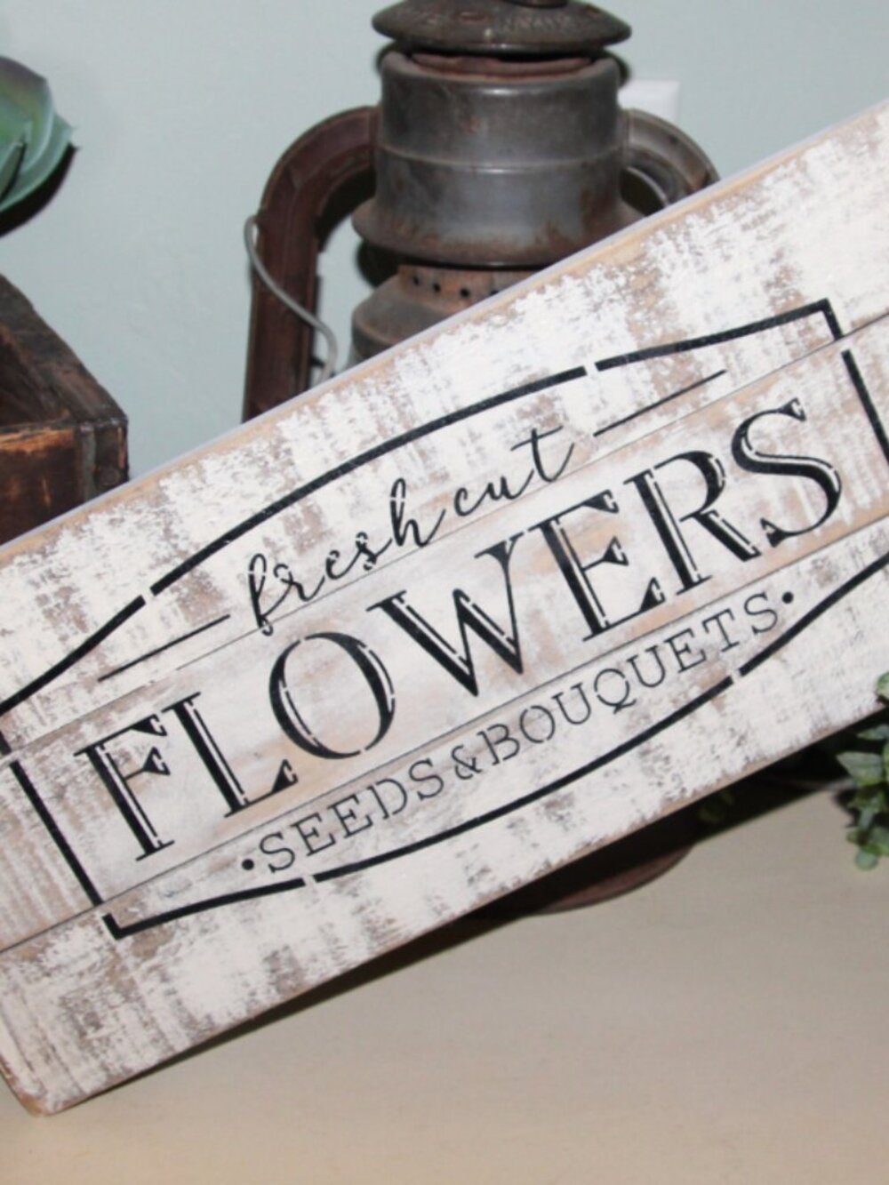 Shabby Distressed Cream & Black FRESH FLOWERS French Farmhouse Wall Decor Sign